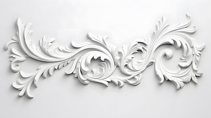 3D illustration of white decorative relief beautiful detailed ornament with acanthus leaves decoration in baroque style isolated on white background