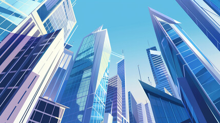 Naklejka premium illustrations showcasing futuristic skyscrapers with sleek, modern designs. The buildings feature reflective glass facades and are set against clear blue skies, creating a vision of advanced urban arc