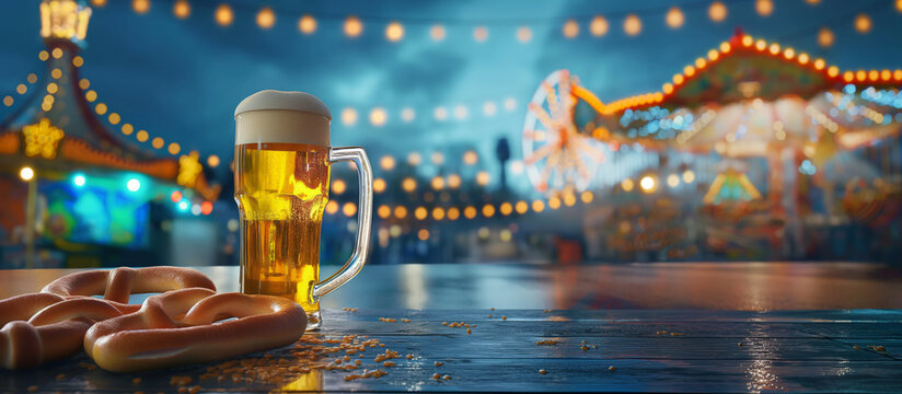 Oktoberfest German Celebration Product Display: Beer, Wei&szlig;wurst & Pretzel Tabletop - funfare canival background
