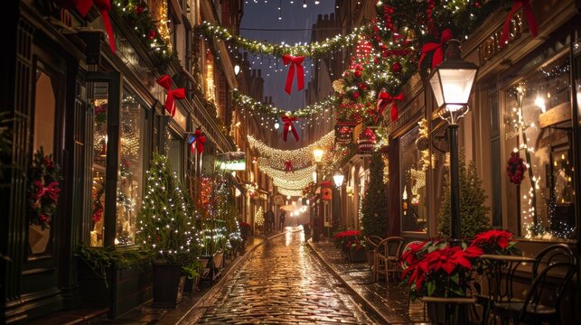 Festive Decorated Alley with Christmas Lights and Wreaths During Nighttime