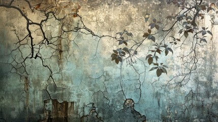 Textured background photo wallpaper with a cracked wall, featuring intricately painted trees and hanging branches with leaves