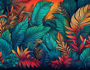 Dense Jungle Illustration with Overlapping Leaves and Hidden Animals