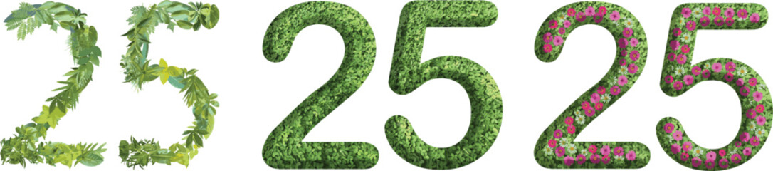 25, design made from green grass, leaves and flower, .suitable for birthday, anniversary and memorial day templates, go green concept	
