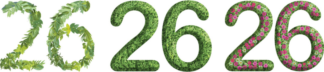26, design made from green grass, leaves and flower, .suitable for birthday, anniversary and memorial day templates, go green concept	
