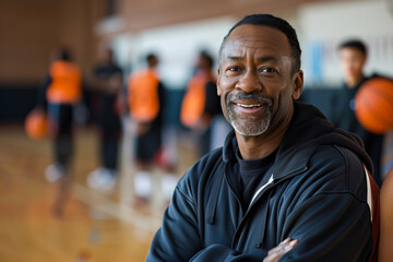 Fototapeta premium A Basketball Coach's Radiant Smile Illuminates the Court