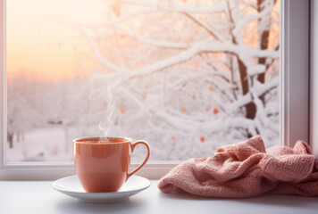 A cup of hot chocolate stands beside a window, evoking soft, romantic landscapes in light orange and light maroon amidst snow scenes.