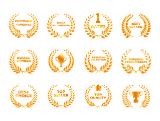 Award win golden laurel wreath best seller honor achievement label design template set vector flat
