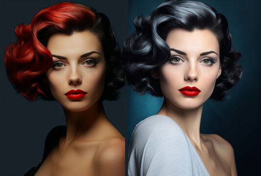 A beautiful woman with blue hair and red lipstick is rendered photorealistically, her soviet style and mashup of styles apparent in dark brown and red.