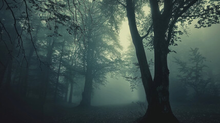 A foggy forest with silhouettes of trees and a mysterious atmosphere.