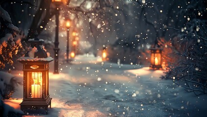 Snowy Winter Night Scene with Glowing Lanterns and Falling Snowflakes in a Peaceful Forest