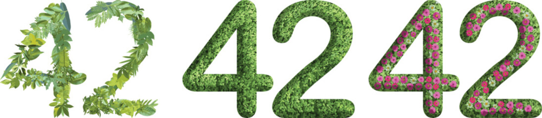 42, design made from green grass, leaves and flower, .suitable for birthday, anniversary and memorial day templates, go green concept