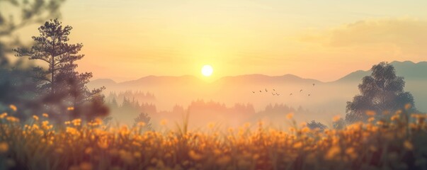 Naklejka premium A beautiful sunrise over a field of yellow flowers. The sun is setting behind the mountains in the distance. The sky is filled with birds flying in the air. The scene is peaceful and serene