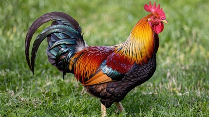 Fototapeta premium Rare Augsburger chicken Bantam rooster forages for food in grass