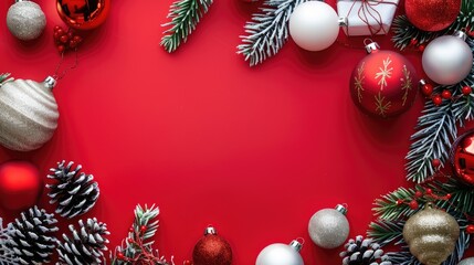 Festive Christmas decorations with red and white background focal point and room for text Holiday theme