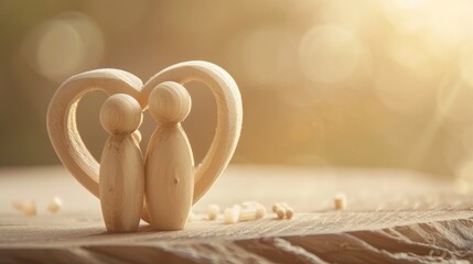 Wooden figurines of a couple inside a heart shape, soft background, love, relationship, romantic, handmade, sculpture, warm lighting