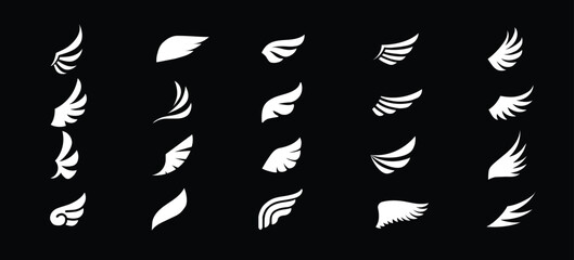 Set of white wing icons. Wings badges. Collection wings badges. Vector illustration.
