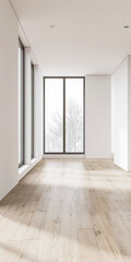 Fototapeta premium Residential empty room interiors with no furniture, natural lighting and ample copy space. Mockup interiors conceptual image.