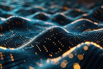 Abstract digital waves with glowing particles, representing data flow and futuristic technology. Ideal for tech and innovation themed projects.