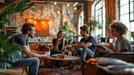 A diverse group of young professionals collaborating in a modern office space, discussing ideas