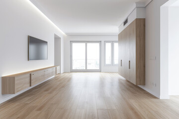 Residential empty room interiors with no furniture, natural lighting and ample copy space. Mockup interiors conceptual image.