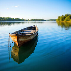 Obraz premium Wooden boat floating on calm lake surrounded by green trees and clear blue sky.