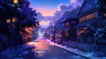 Charming snow-covered street glowing under twilight sky