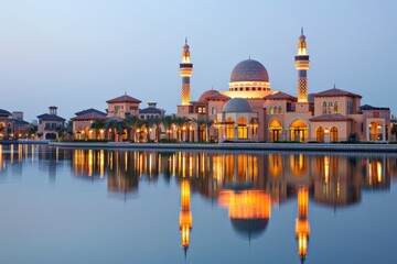 Fototapeta premium Illuminated Mosque with Reflecting Pool at Dusk
