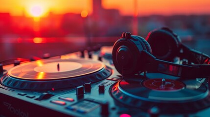 DJ turntables and headphones with a city sunset in the background Concept music nightlife...