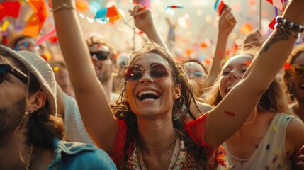Diverse group of friends cheering at a live sports event, waving team flags