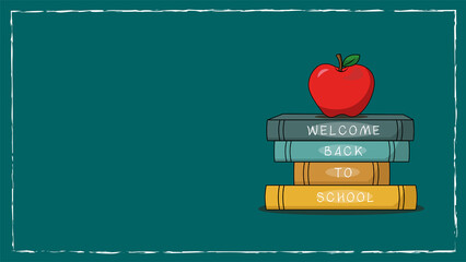 Welcome back to school chalkboard background with book and red apple. Concept of education banner with back to School
