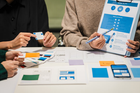 Close-up of hands working on UX/UI design at a desk. Papers with wireframes, prototypes, and mockups detail user flows, personas, and A/B testing, ensuring usability and responsive design.