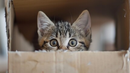 the face of a young cat peeking out of a box and looking at the camera
