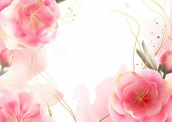 abstract art background vector with pink flowers and golden elements, watercolor pink flowers and gold geometric shapes decoration