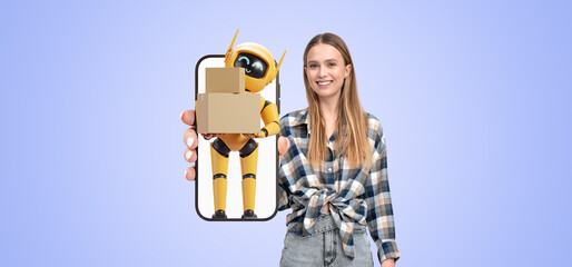 Woman holding smartphone with yellow robot delivering boxes.