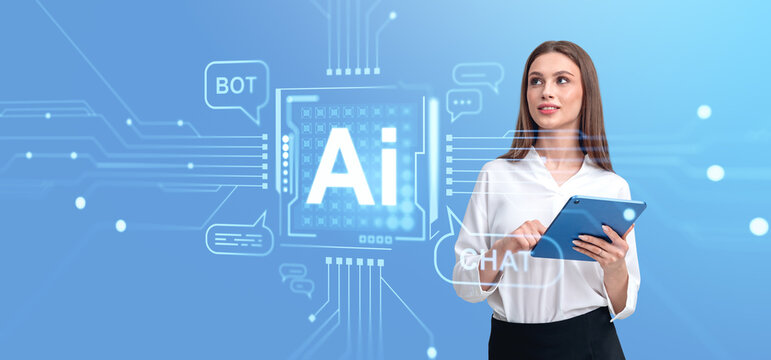 Businesswoman with tablet and AI technology hologram, chat bot icons - Powered by Adobe