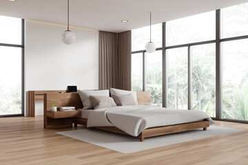 Modern minimalist bedroom with large windows and wooden furniture. 3D Rendering