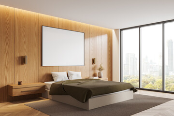 Wooden hotel bedroom interior with bed and panoramic window. Mock up frame