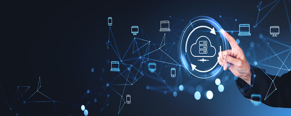Woman finger touch cloud service hologram and files transfer, sync sign