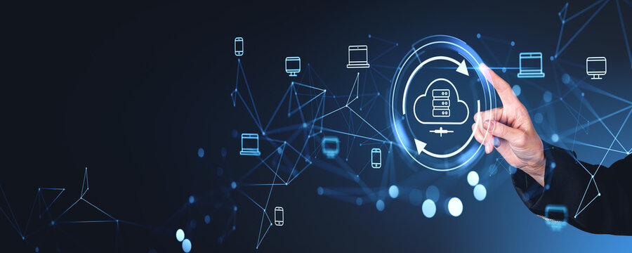 Woman finger touch cloud service hologram and files transfer, sync sign