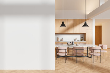 Light home kitchen interior with dining table and cabinet, mockup wall