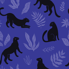 Vector seamless animal pattern. Black Panthers in moving positions with tropical leaves and plants. Seamless zoo texture for fabric design.