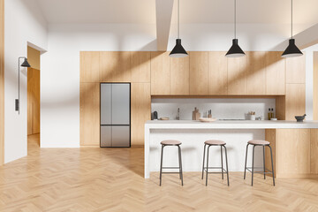 Wooden home kitchen interior with bar island and cabinet, refrigerator