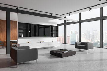 Home living room interior with armchairs and tv screen, dining table and window