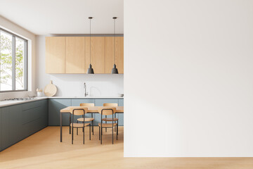 Home kitchen interior with eating table and cabinet, window. Mockup wall