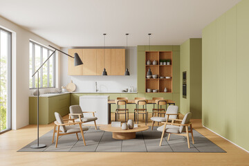 Green home studio interior with chill and cooking space, panoramic window