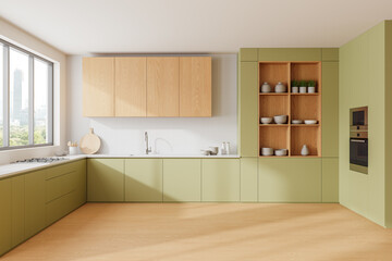 Home kitchen interior with cooking cabinet, shelves and panoramic window