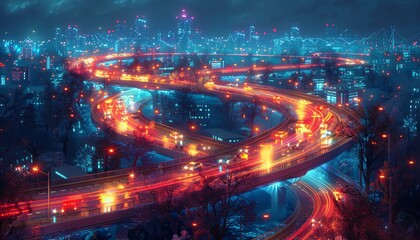 Obraz premium Vibrant cityscape at night with illuminated winding roads and skyscrapers under a star-lit sky, creating a bustling urban atmosphere.