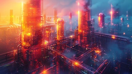 Obraz premium Futuristic industrial cityscape with glowing neon lights and towering structures under a sunset sky, creating a surreal and vibrant atmosphere.