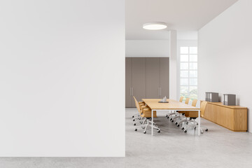Fototapeta premium Cozy meeting interior with board and chairs, panoramic window. Mockup wall