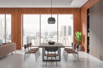 Wooden home living room interior with dining and relaxing zone, window